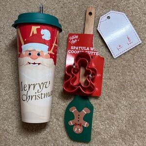 Christmas Santa Tumbler and Gingerbread Spatula w/Cookie Cutters, NEW